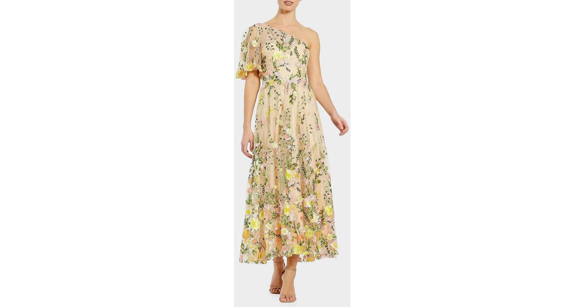 mac duggal metallic floral midi dress Mac Duggal Floral Embroidered One-Shoulder Midi-Dress in Metallic