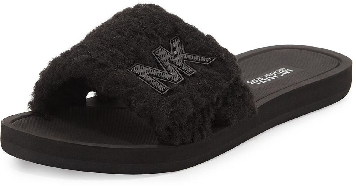 MICHAEL Michael Kors Fleece Mk Fuzzy Pool Slide Sandals in Black for