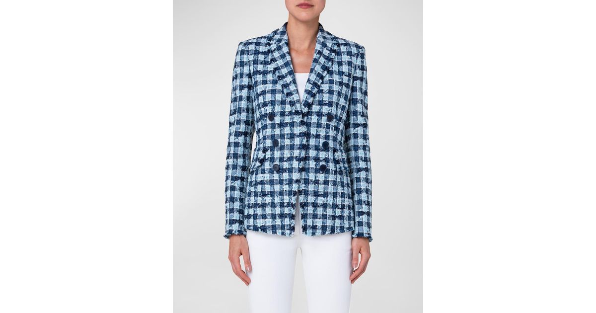 Akris Punto Check Linen Tweed Double-breasted Blazer in Blue | Lyst