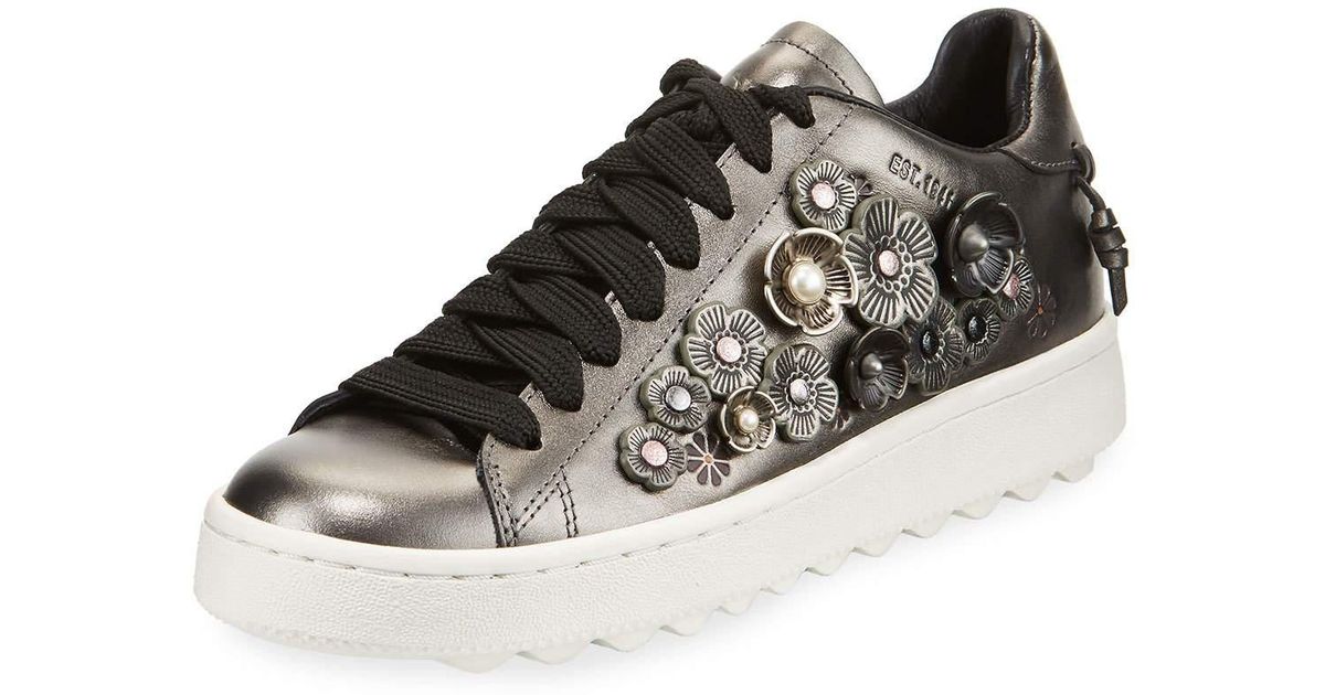 COACH Tea Rose Metallic Leather Lowtop Sneaker in Black