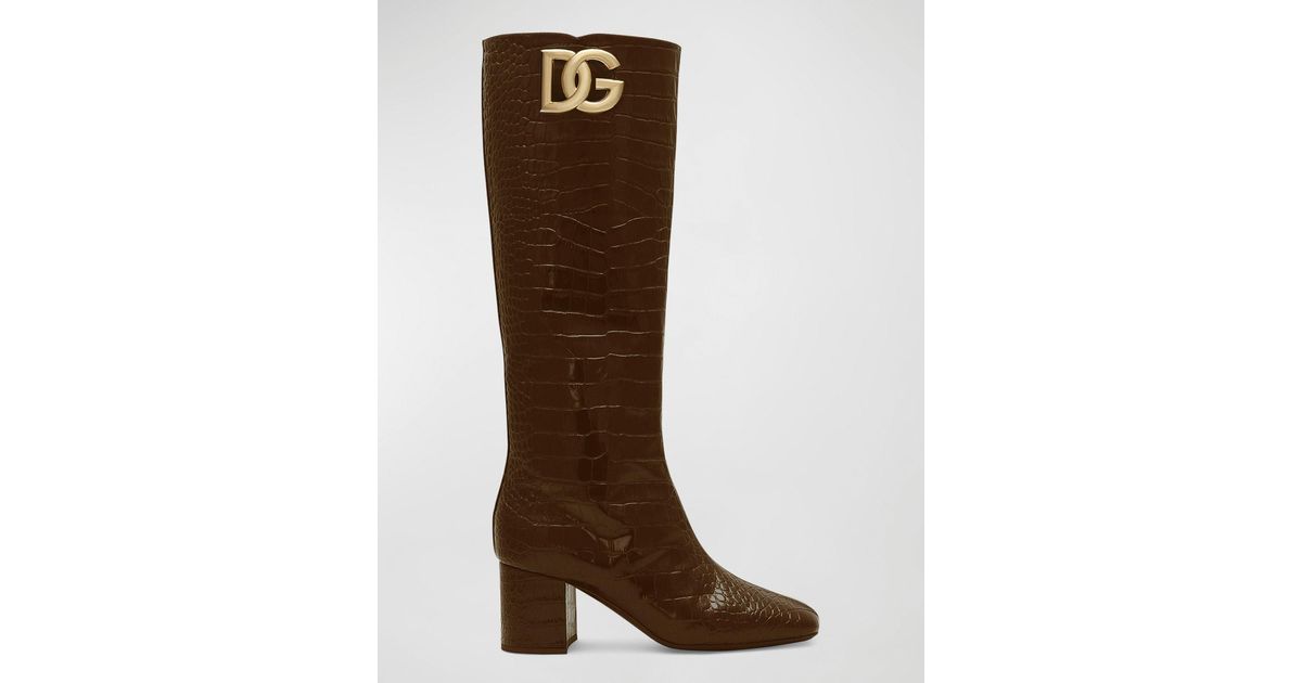 Dolce & Gabbana Dg Medallion Croco Knee Boots in Brown | Lyst