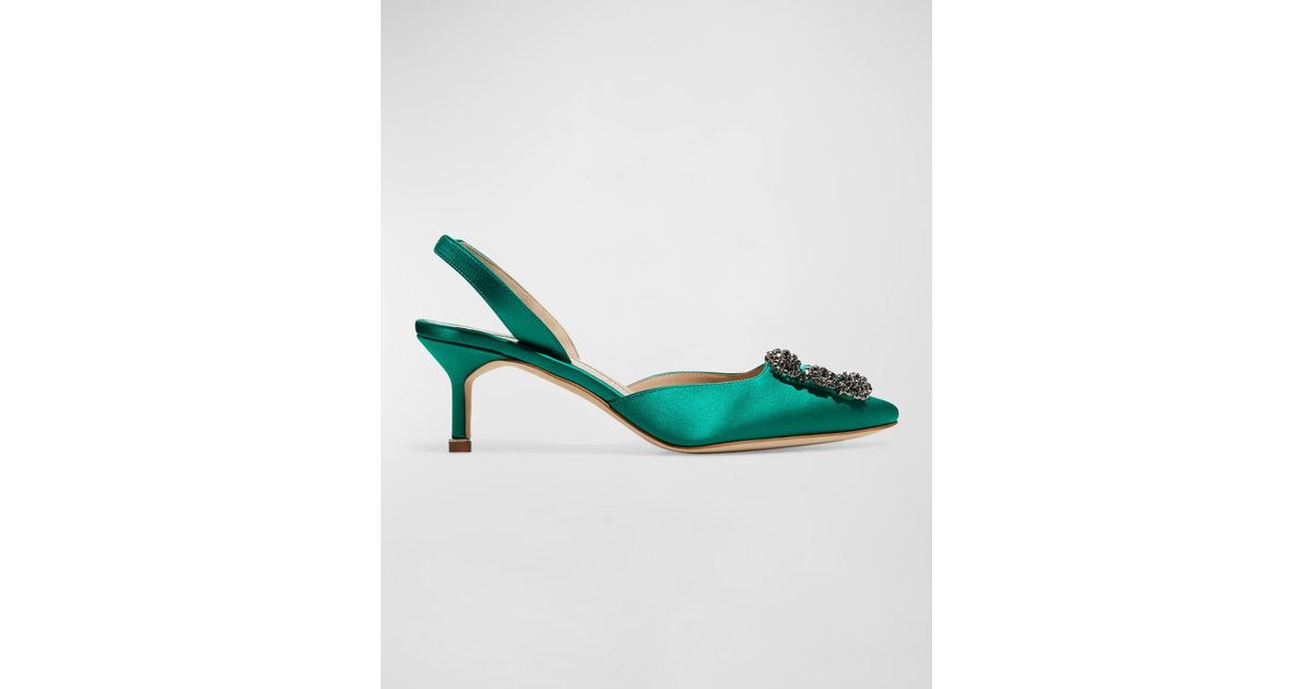 Manolo Blahnik Hangisi Kitten-heel Satin Slingback Pumps in Green | Lyst