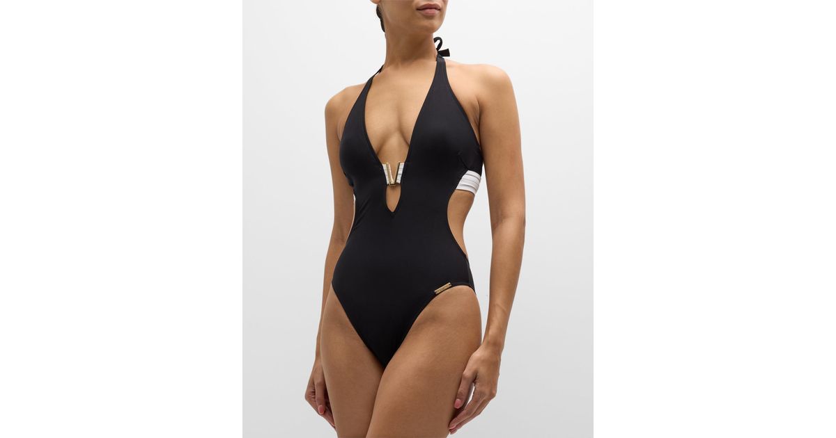 Lise Charmel Striped Trim Halter One-piece Swimsuit in Black | Lyst