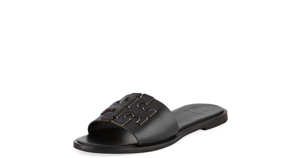 Tory Burch Leather Ines Flat Slide Sandals in Black/Silver (Black