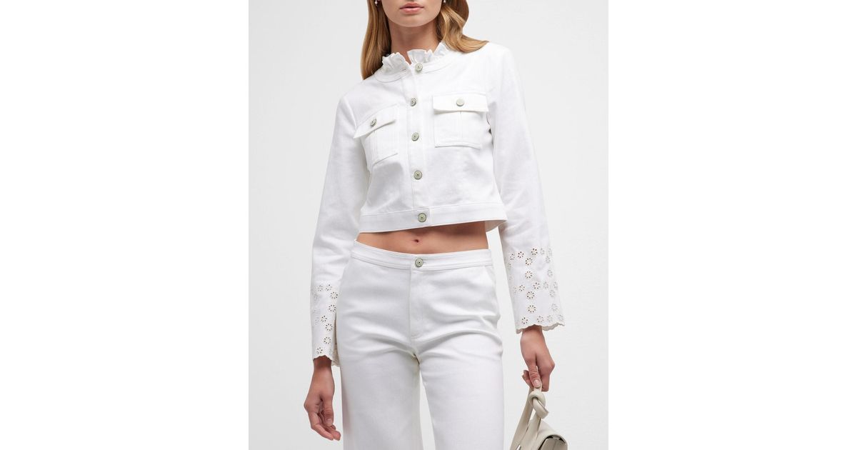 Cinq À Sept Matilde Floral Eyelet Denim Jacket in White | Lyst