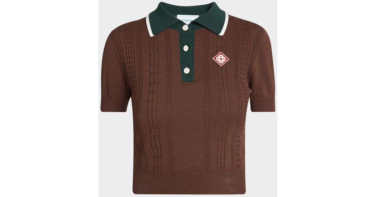 CASABLANCA Mini Cable Knit Crop Polo Shirt in Brown | Lyst