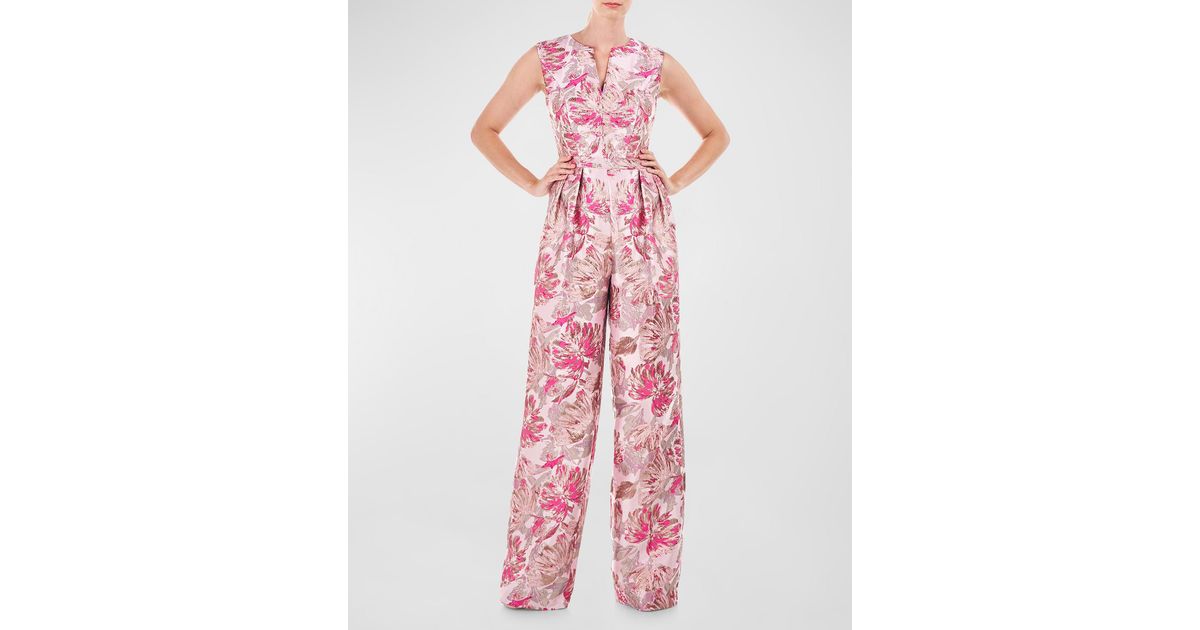 Kay Unger Cleo Pleated Metallic Jacquard Jumpsuit in Pink | Lyst