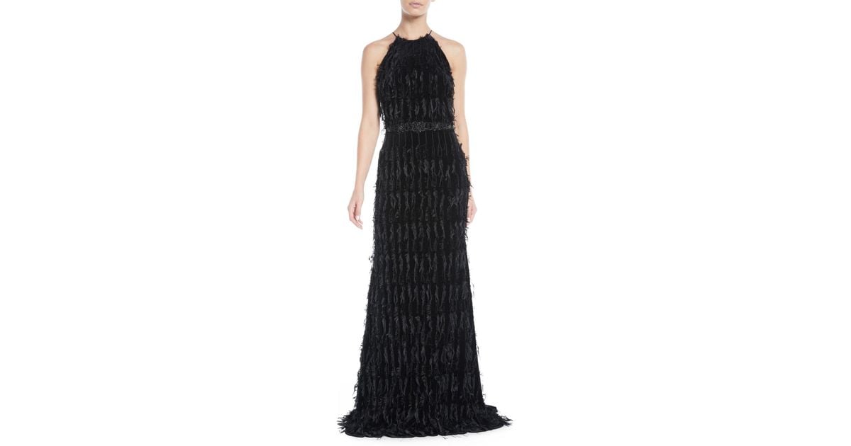 badgley mischka beaded fringe halter gown
