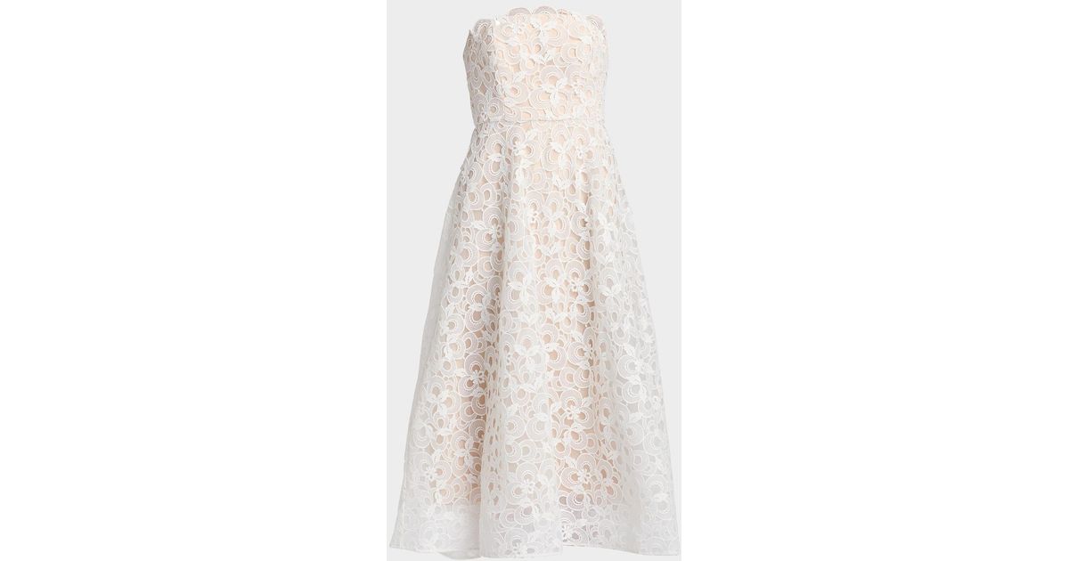 milly petunia strapless lace a-line midi dress Embroidered Gown in White Color:Pale Yellow D888 - Alfred Sung Category:WHITE BRIDESMAID DRESSES straight silhouette. Petunia embroidered