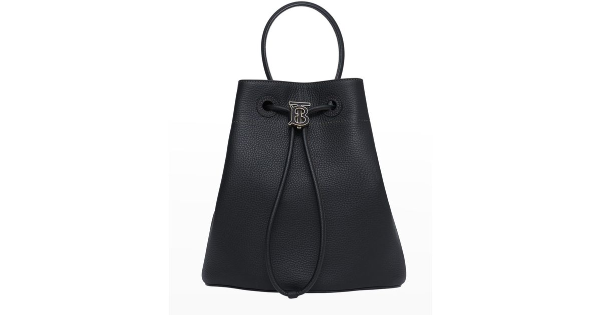 Burberry Small Tb Drawstring Leather Bucket Bag in Black | Lyst
