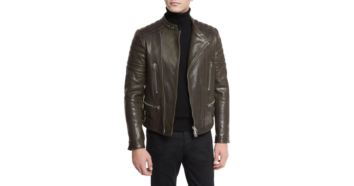 Tom Ford Icon Quilted Leather Biker Jacket In Navy Green For Men Tom Ford Icon Quilted Leather Biker