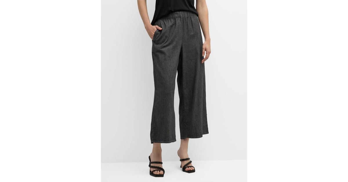 Eileen Fisher Cropped Wide-leg Twill Pants in Black | Lyst