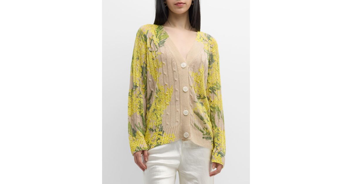 BERNADETTE Zuri Floral-print Linen Cable-knit Cardigan in Yellow | Lyst