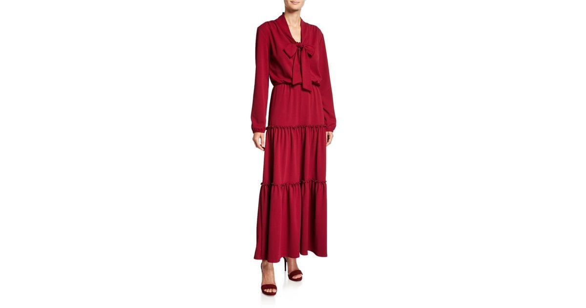 Melissa Masse Bow Tie Long-sleeve Tiered Long Tissue Crepe Dress - Lyst