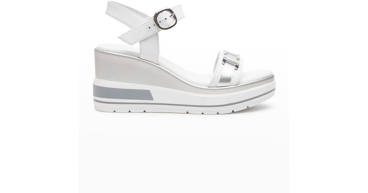 Nero Giardini Bicolor Leather Ankle-strap Wedge Sandals in White | Lyst