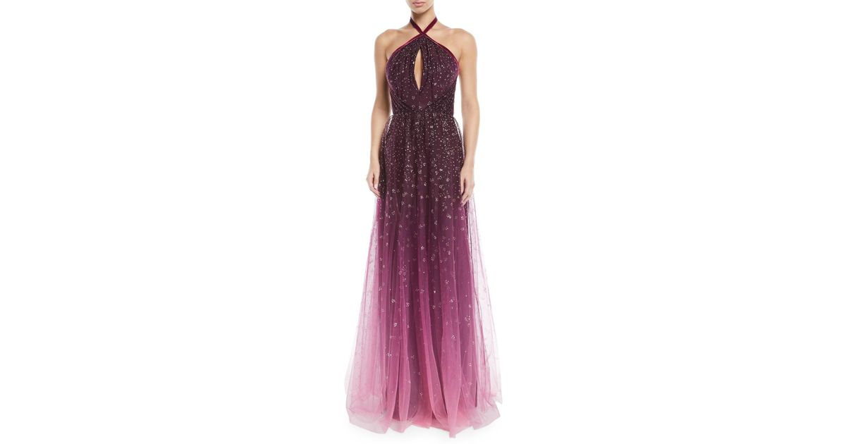 marchesa notte ombré glitter tulle halter gown