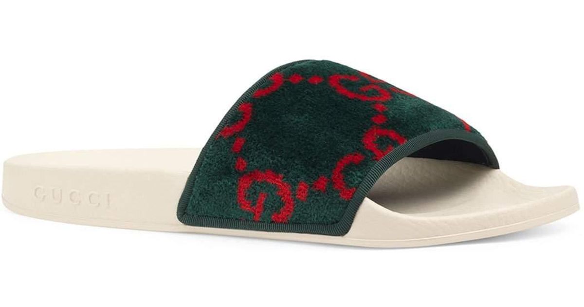 Gucci Rubber Pursuit Terry Cloth Logo Pool Slide Sandals in Green Lyst