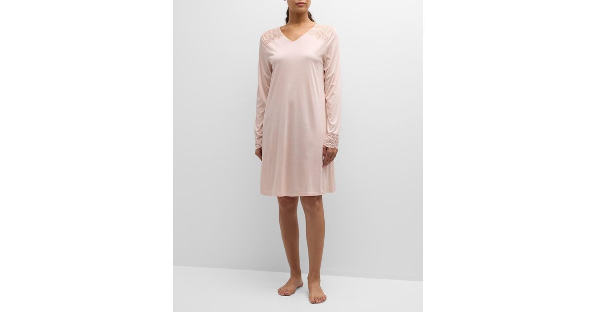Hanro Josephine Lace-trim Modal Nightgown in Pink