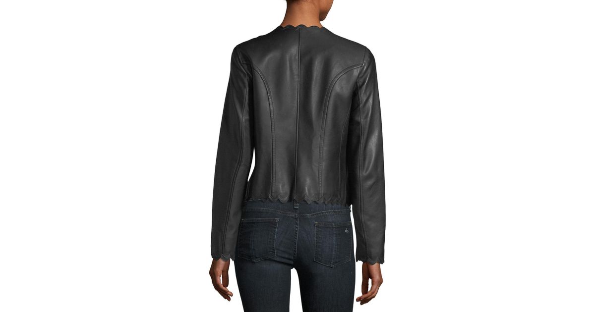 Neiman Marcus Black Scalloped Cropped Leather Jacket