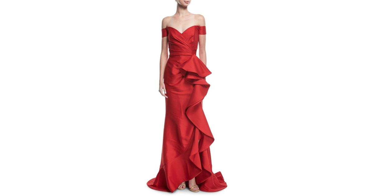 badgley mischka off the shoulder gown