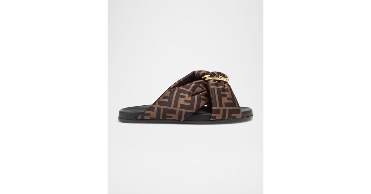 Fendi Feel Ff Satin Slide Sandals in Brown | Lyst
