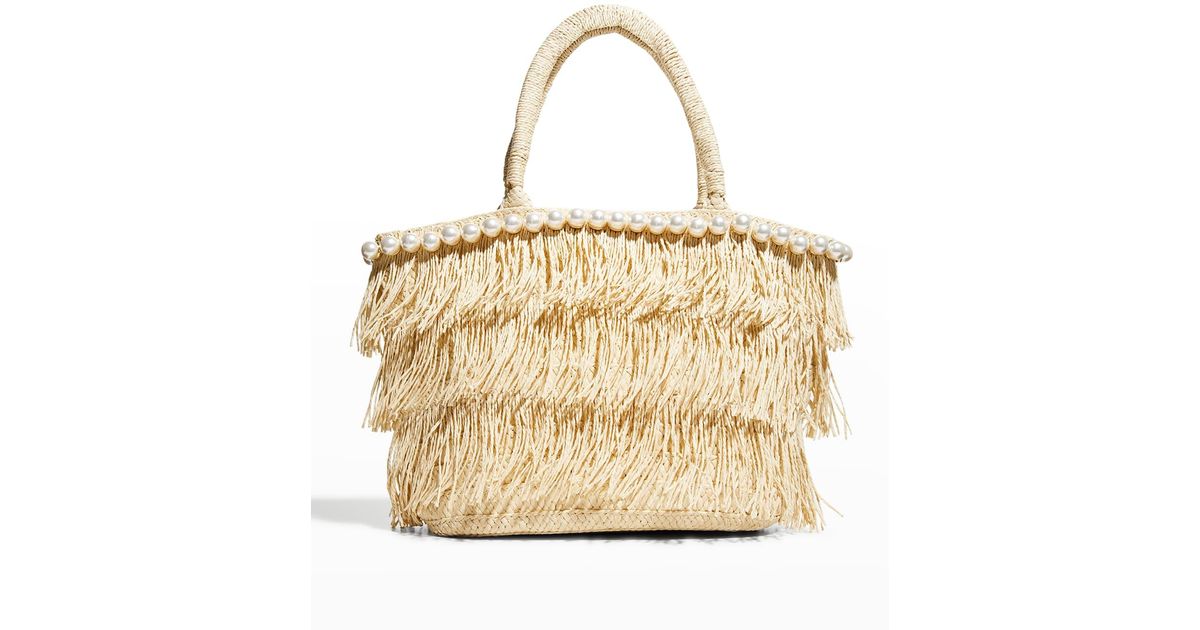 BTB Los Angeles Mellie Pearly Fringe Tote Bag in Natural Lyst