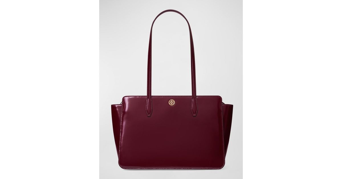 Tory Burch Robinson Small Shiny Leather Tote Bag in Red | Lyst