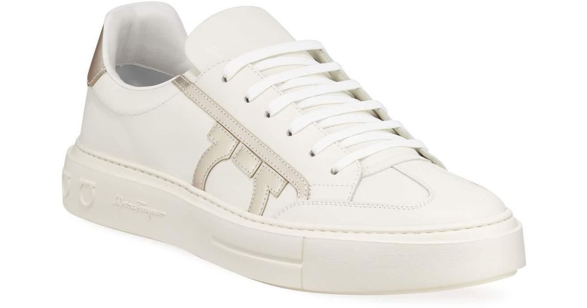 Ferragamo Men's Borg Low-top Leather Sneakers in White for Ferragamo Men's Borg Low-top Leather Sneakers in White for
