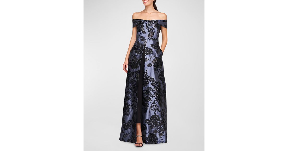 Kay Unger Kiana Off-Shoulder Jacquard Walk-Thru Jumpsuit in Blue