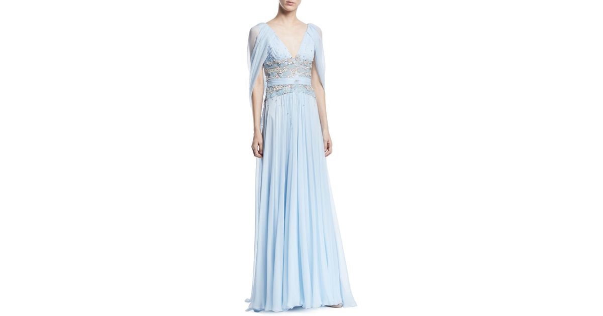 Zuhair Murad Silk Beaded Bodice Drape Back Evening Gown In Blue