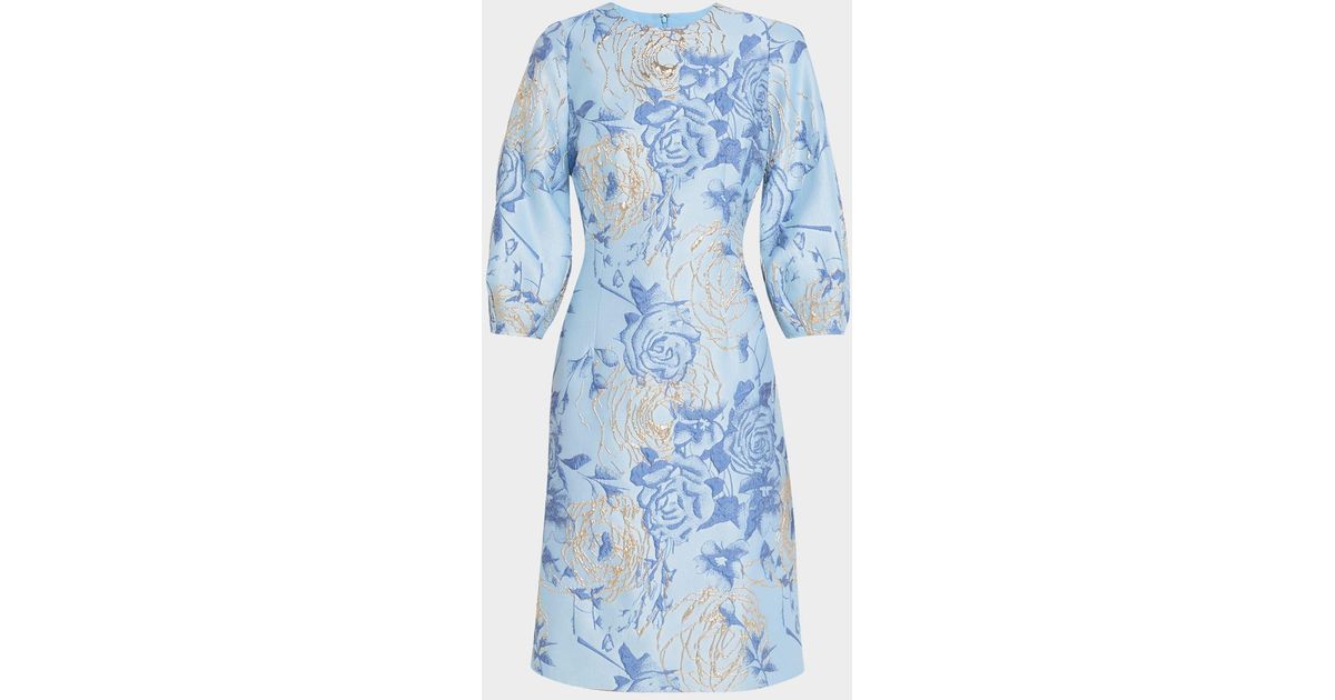 Teri Jon Puff-Sleeve Metallic Floral Jacquard Dress in Blue | Lyst