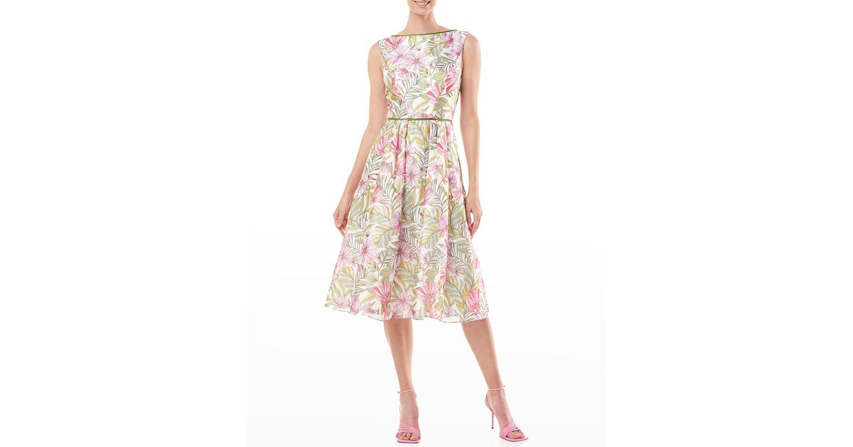 Kay Unger Pleated Floral-print Midi Dress in Pink | Lyst