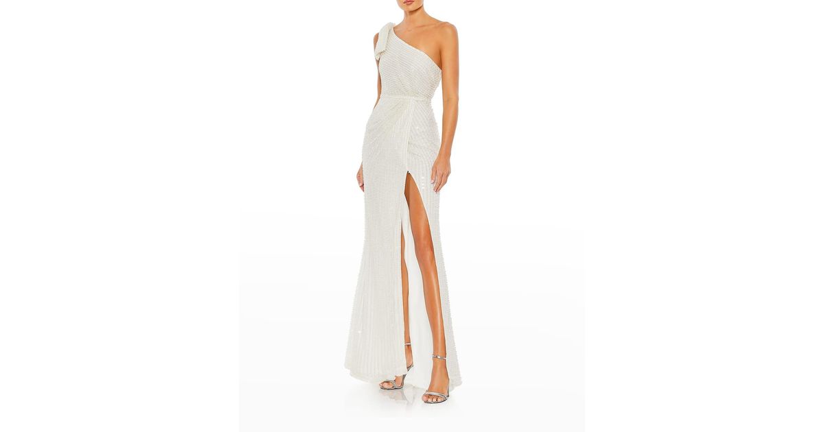 Mac Duggal One-shoulder Draped Beaded Gown in White | Lyst