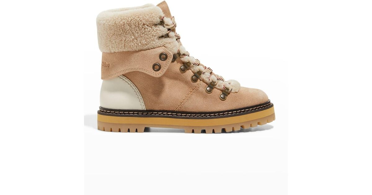 See By Chloé Eileen Mixed Leather Shearling Hiker Booties in Natural | Lyst