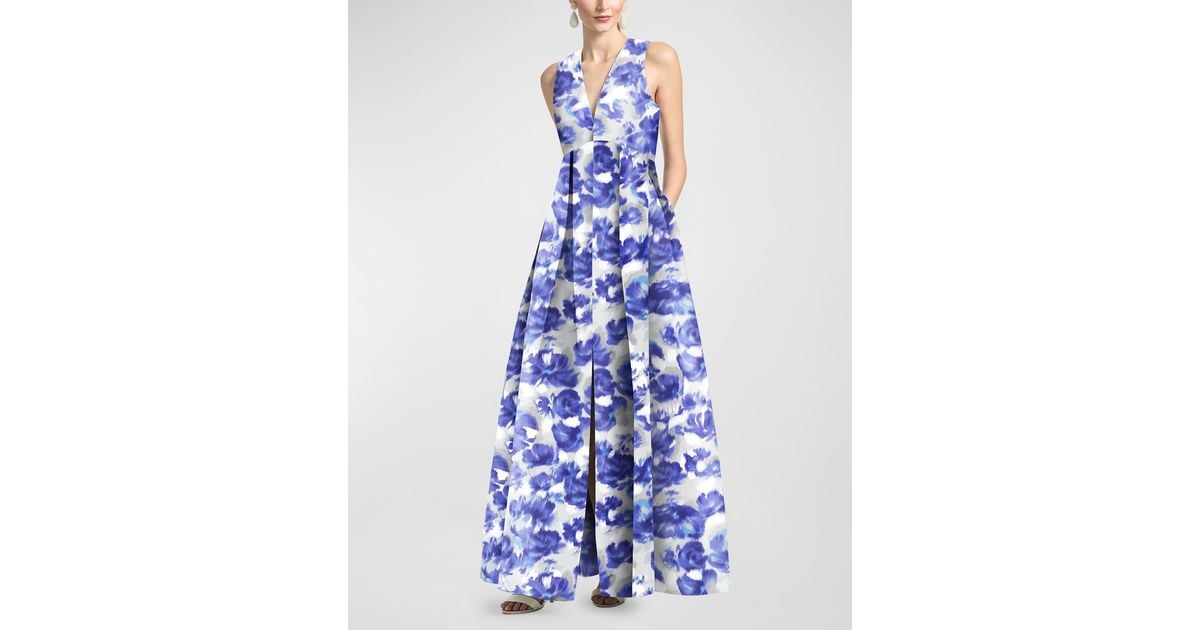 Sachin & Babi Brooke Pleated Floral-print Gown in Blue | Lyst