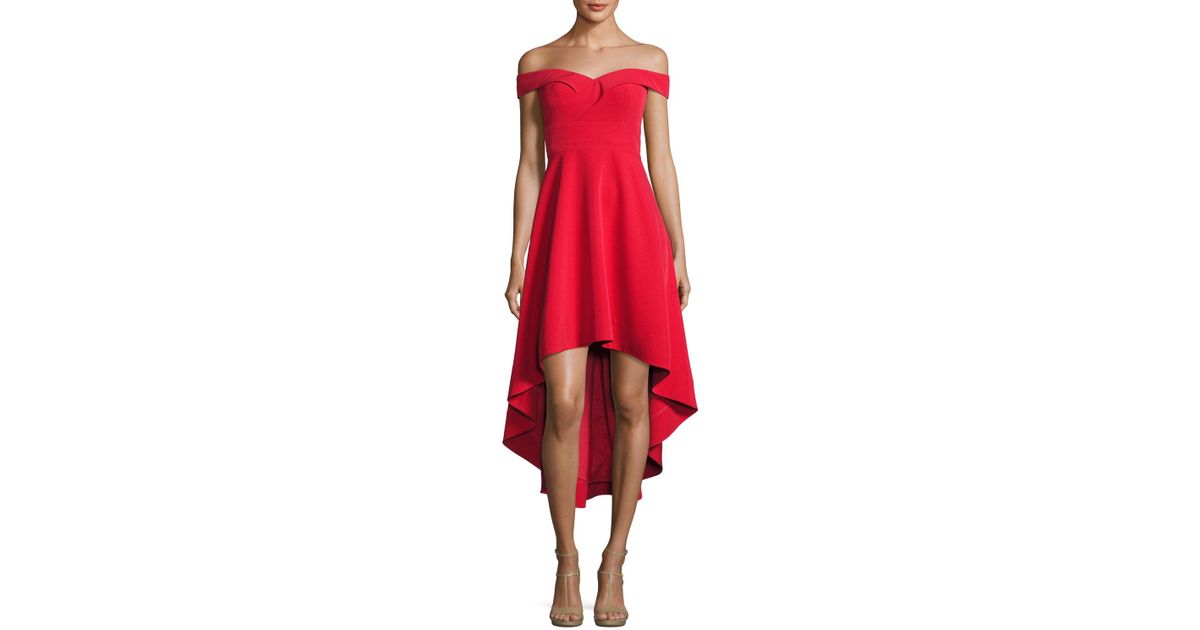 red off the shoulder high low dress