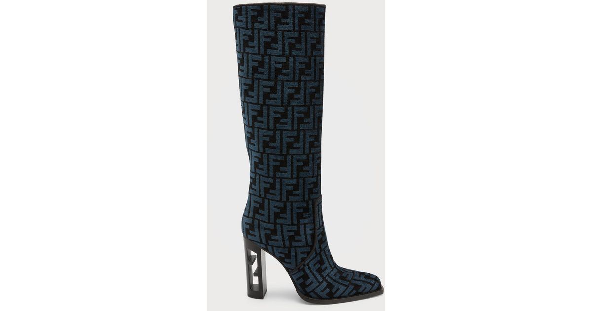 Fendi Vitello Jacquard Knee Boots in Black | Lyst