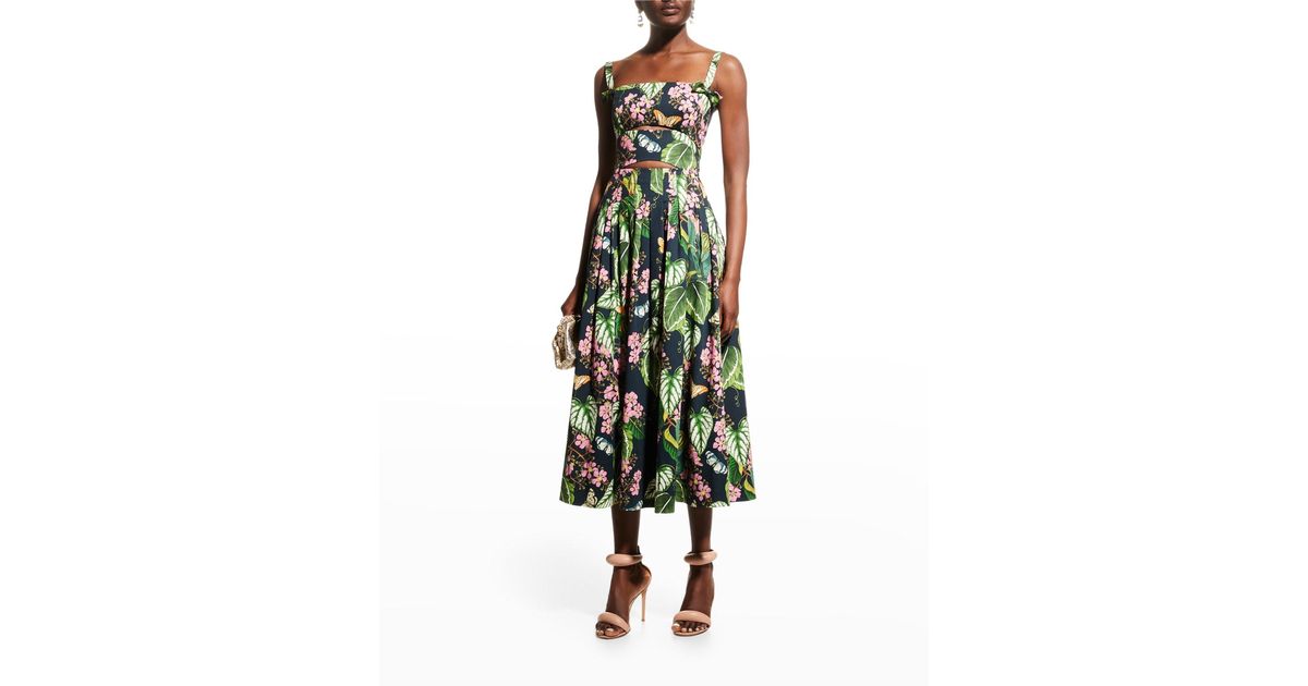 Oscar de la Renta Mixed Botanical-print Cutout Pleated Midi Dress in ...