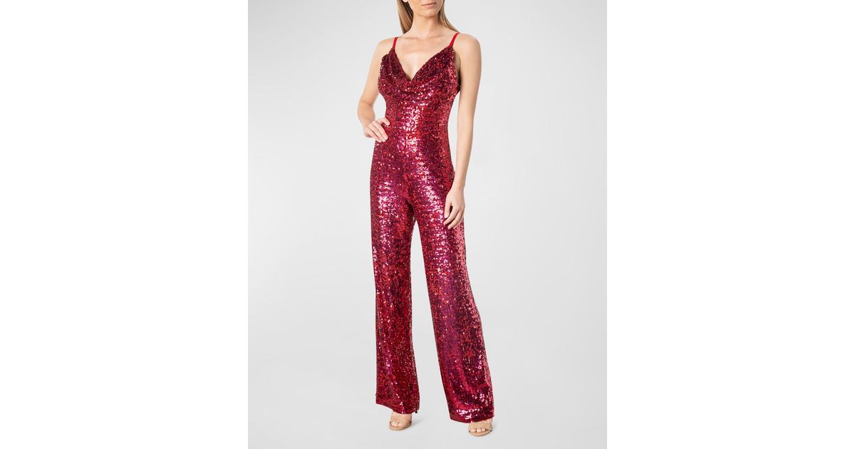 Dress the Population Meyer Sequin Cowlneck Jumpsuit in Red Lyst