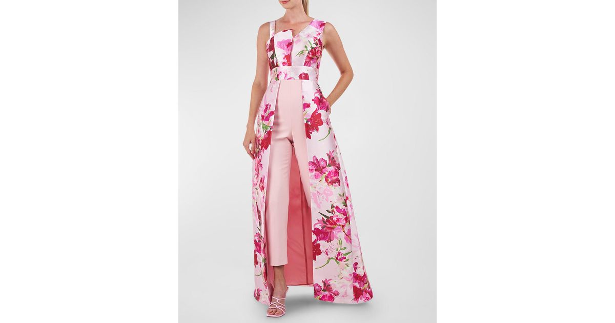 Kay Unger Fleur Asymmetric Floral-print Walk-thru Jumpsuit in Pink | Lyst