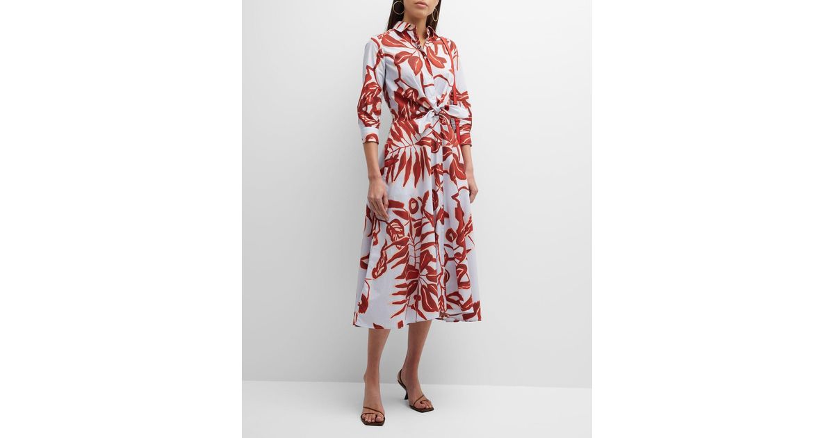 Sara Roka Dralla Tie-front Botanical-print Midi Dress in Red | Lyst