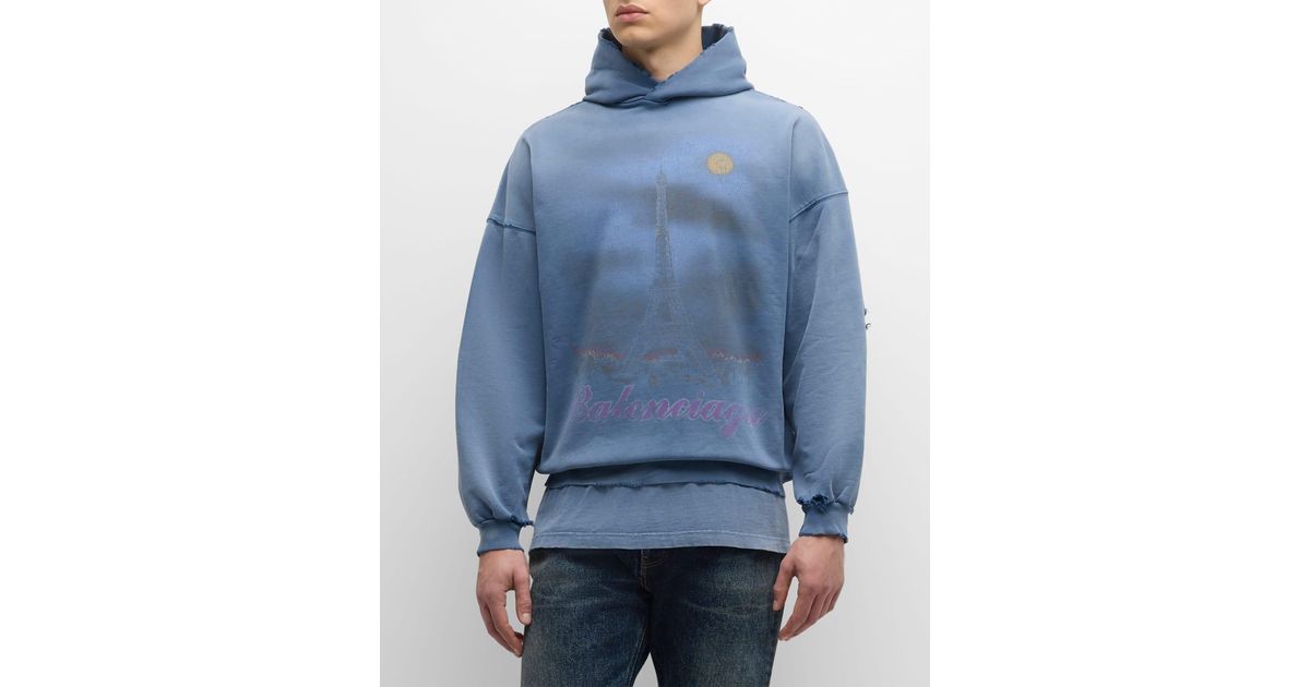 Balenciaga Paris Moon Faded Hoodie in Blue for Men | Lyst