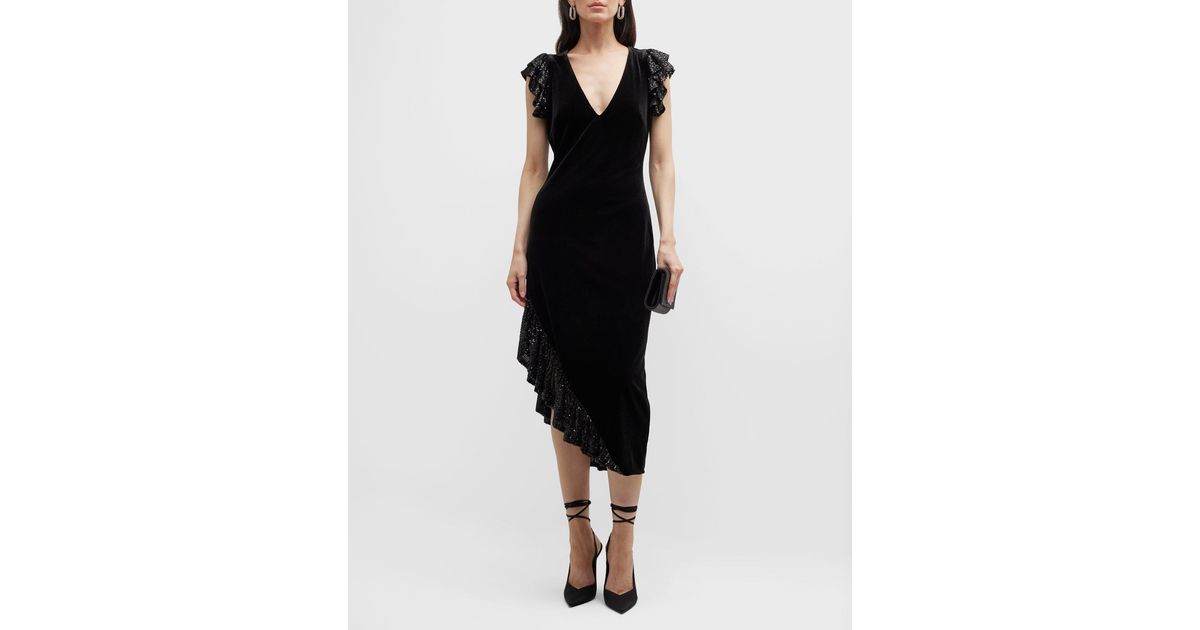 ONE33 SOCIAL Tiered Sequin-sleeve Asymmetric Midi Dress in Black | Lyst