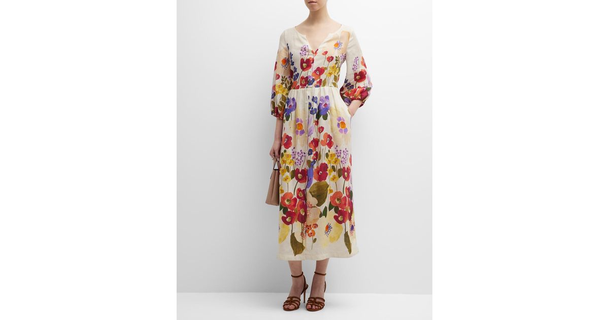 Sara Roka Flossie Floral-print Blouson-sleeve Maxi Dress in White | Lyst