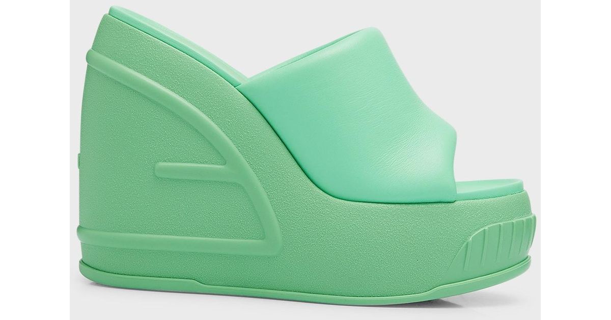 Fendi Padded Leather Platform Wedge Slides in Green Lyst