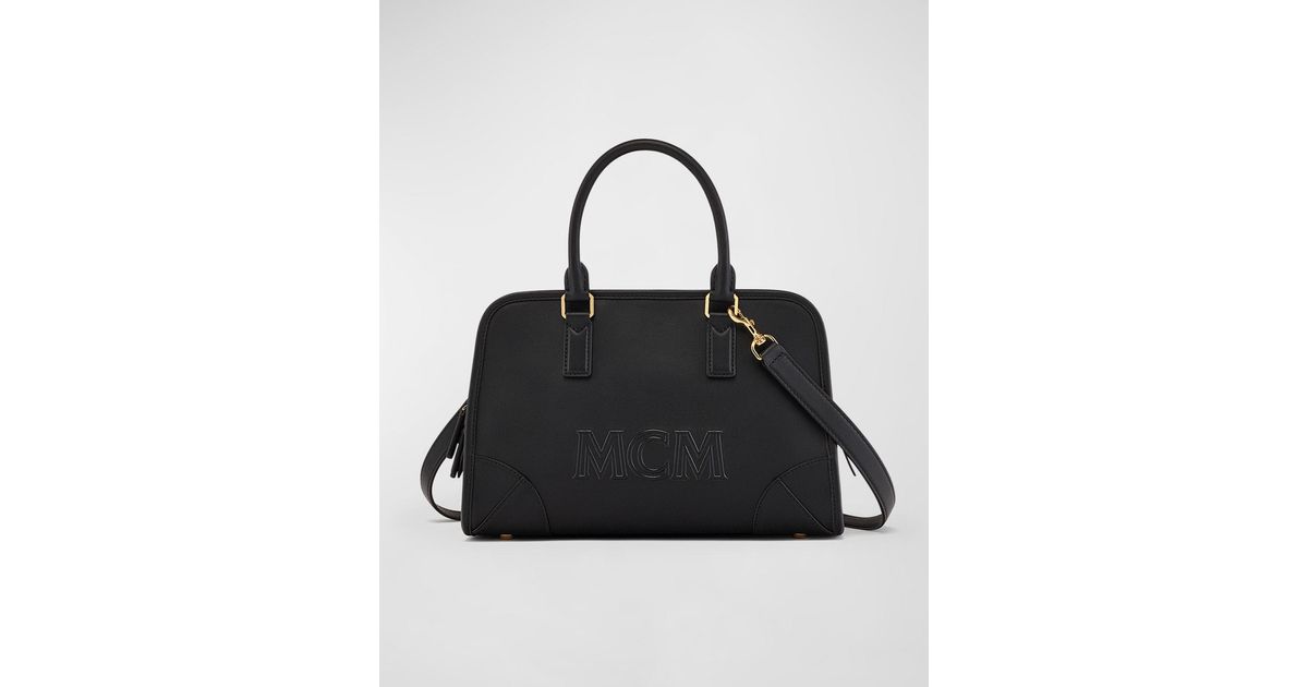 MCM Aren Boston Medium Leather Top-handle Bag in Black | Lyst