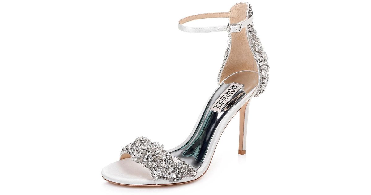 Badgley Mischka Fabiana Embellished Satin Sandals in White LORIBLU White Satin Jewel Sandal Shoes Post