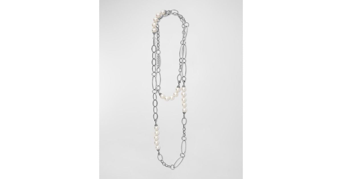Lagos Sterling Silver Luna Pearl Link Necklace, 32-34