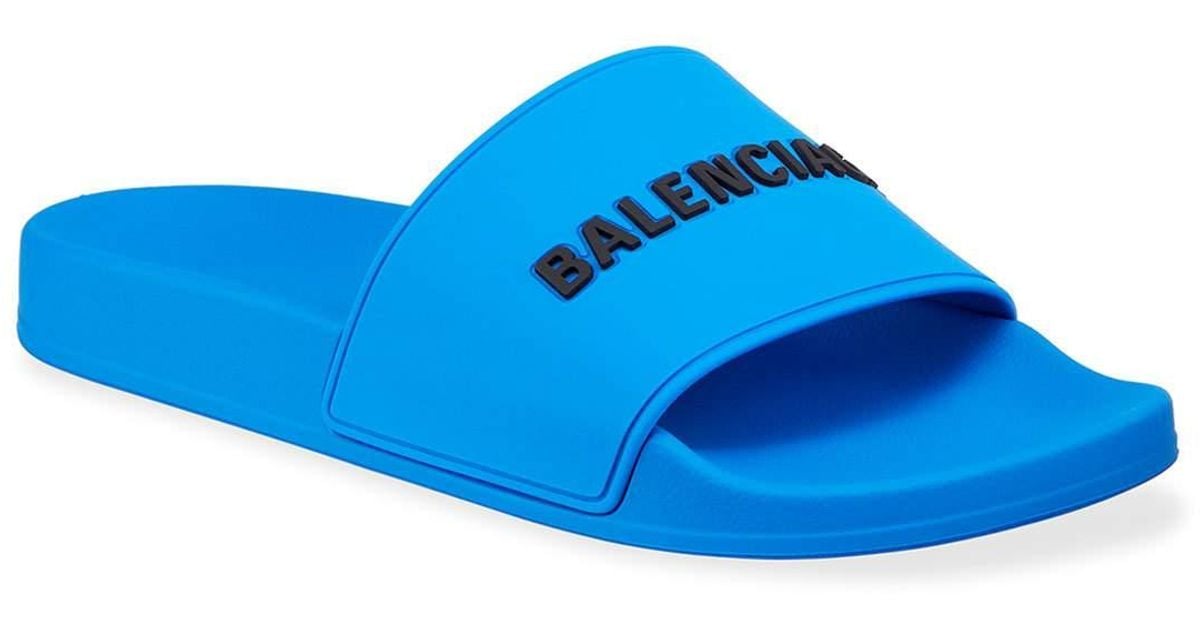 Balenciaga Men's Logo Rubber Pool Slide Sandals in Blue/White (Blue