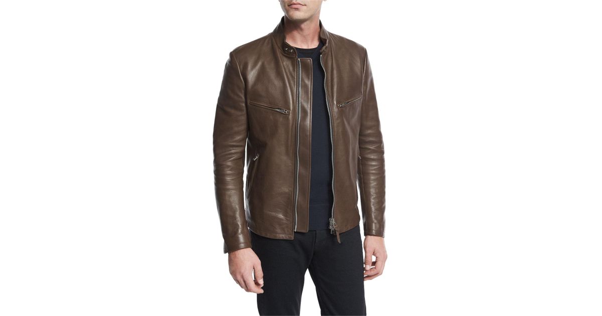 Tom Ford Brown Leather Café Biker Jacket For Men